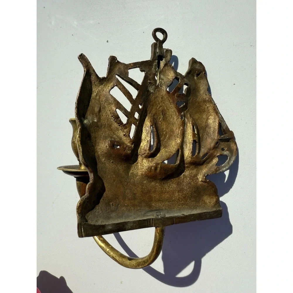 Vintage Brass Hanging Ship‎ Plaque Candle Holder Nautical